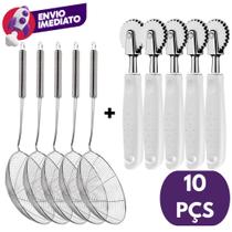 Kit Escumadeira Aramada Fritura Inox E Carretilha Cortador Massa Pizza Pastel Massa Folhada