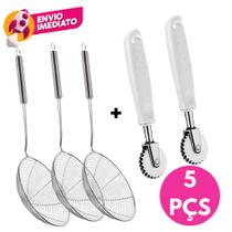 Kit Escumadeira Aramada Fritura Óleo Inox + Carretilha Cortador Massa Pizza Pastel C/05 Ou 10 Un