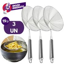 Kit Escumadeira Aramada Para Fritura Diâmetro 19Cm Colher Redonda Peneira Escumadeira Inox Premium