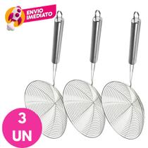 Kit Escumadeira Colher Aramada Redonda Aço Inox Peneira Para Escorrer Fritura Pastel Salgado Batata
