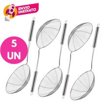Kit Escumadeira Colher Aramada Redonda Aço Inox Peneira Para Escorrer Fritura Pastel Salgado Batata