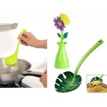 Kit Escumadeira Folha Concha Dinossauro e Escova Flor Verde
