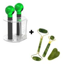 Kit Esfera Verde Cromoterapia Com Suporte + Kit Jade 3 Peças
