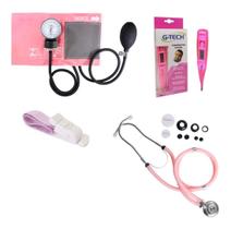 Kit Esfigmomanômetro + Estetoscópio Rosa + Termômetro + Garrote Rosa