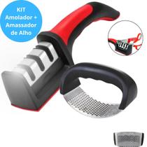 KIT Esmagador Alho Amassador Triturador Inox + Amolador de Facas