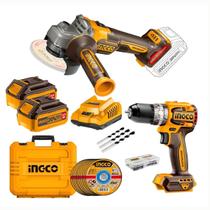Kit Esmerilhadeira e Parafusadeira 20V Brushless INGCO com 2 Baterias 4.0Ah, Carregador e Discos para Metal