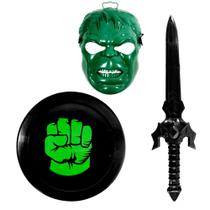 Kit Espada Escudo e Máscara Infantil herói Verde Huk de Brinquedo