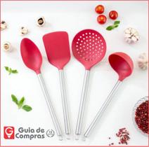 Kit Espátula, Escumadeira, Colher E Concha Rosa E Cabo Gold Plasvale
