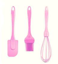 Kit Espátula Fue e Pincel de Silicone Rosa 3 Peças
