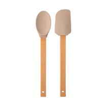 Kit Espatula Pão Duro + Colher Silicone Com Cabo De Bambu 24cm Uz - Bege