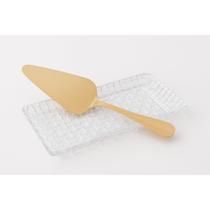 Kit Espátula Para Bolo Inox Dourada + Travessa Vidro Para Sobremesa 25cm Lyor Kit Espátula Para Bolo Inox Dourada + Travessa Vidro Para Sobremesa 25cm Lyor