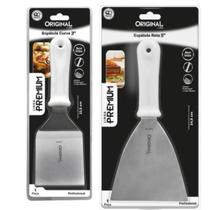 Kit Espátula Reta Curva cabo branco aço Inox Churrasco cozinha Chapa quente chapeiro Lanche Pizza pizzaiolo Inox Profissional resistente chef