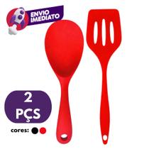 Kit Espátula Vazada E Colher Arroz Para Panela Elétrica Silicone Maciço Para Panelas Teflon Ceramico
