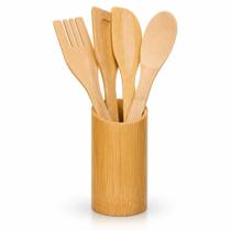 Kit Espátulas de Bambu 5 Peças com Suporte Organizador Utensílios de Cozinha em Bambu Natural Antibacteriano Kit Espátulas de Bambu 5 Peças com Suporte Organizador Utensílios de Cozinha em Bambu Natural Antibacteriano