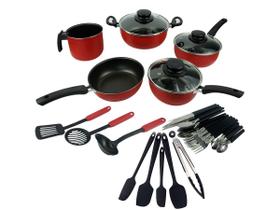 Kit Espátulas de Cozinha Silicone 5 Peças + Conjunto de Panelas Antiaderente Elegan C/ Tampa de Vidro e 24 Talheres Kit Espátulas de Cozinha Silicone 5 Peças + Conjunto de Panelas Antiaderente Elegan C/ Tampa de Vidro e 24 Talheres
