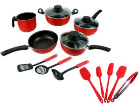 Kit Espátulas Utensílios de Cozinha Silicone 5 Peças + Conjunto de Panelas Antiaderente Elegan C/ Tampa de Vidro