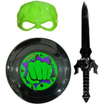 Kit Especial Infantil de Super Herói Verde Máscara Espada e Escudo Fantasia