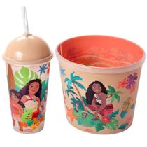 Kit Especial Moana Copo com Canudo e Balde Pipoca Estampados