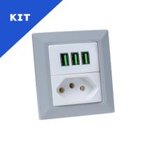 Kit Espelho Duplo Chanfrado 1 Tomada 20A 3 USB 5.2A Cinza