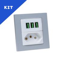Kit Espelho Duplo Reto 1 Tomada 20A 3 USB 5.2A Cinza