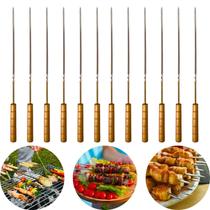 Kit Espeto Churrasco Aço Metal Inox Cabo Madeira Reutilizável 12 Peças 40cm