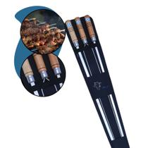 Kit Espetos Assar Churrasco Aço Inox Cabo + Estojo 98cm Suporte Grill Carne Costela Asa Frango