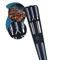 Kit Espetos Assar Churrasco Aço Inox Cabo + Estojo 98cm Suporte Grill Carne Costela Asa Frango