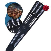 Kit Espetos Assar Churrasco Alumínio Cabo + Estojo 98cm Suporte Grill Carne Costela Asa Frango