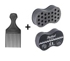 Kit Esponja Nudred + Pente de Cabelo Barbeiro Garfo Afro Style Profissional Dompel