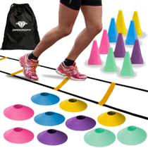 Kit Esportivo Treino de Agilidade Funcional Aerobico Com Escada de 7 Degraus 10 Cones 10 Chapéus Chineses Corda Bolsa Fitness