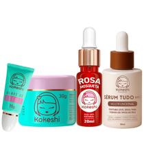 Kit Essencial Kokeshi Tudo em 1 Pele de Porcelana Olhos de Gueixa Oleo de Rosa Mosqueta
