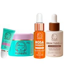Kit Essencial Kokeshi Tudo em 1 Pele de Porcelana Olhos de Gueixa Oleo de Rosa Mosqueta