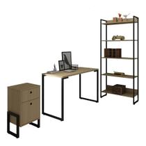 Kit Estante e Mesa Para Computador Porto 90 cm com Mesa de Cabeceira Wolli 2 Gavetas Natura e Cadeira Eiffel Preto