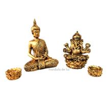 Kit Estátua Ganesha + Buda Hindu + 2 Castiçais Incensários Resina Dourado Combo - Mandala de Luz