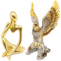 Kit Estátua Pensador Figura Abstrata Decoração + Águia Enfeite Mesa Decorativo Moderno Objeto Resina