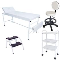 Kit Estética Completo Maca Fixa, Mocho, Escada e Carrinho Aux. Branco Kit Estética Completo Maca Fixa, Mocho, Escada e Carrinho Aux. Branco