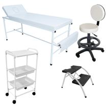 Kit Estética Completo Maca Fixa, Mocho, Escadinha e Carrinho Aux. Clínicas Massagem Forty Branco Kit Estética Completo Maca Fixa, Mocho, Escadinha e Carrinho Aux. Clínicas Massagem Forty Branco