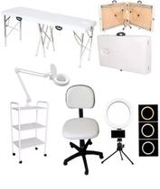 Kit Estética Maca Maleta Portátil Carrinho Lupa Mocho E Luminária Ring