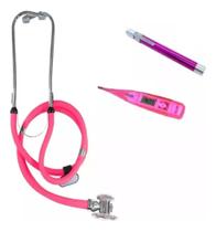 Kit Esteto Duplo Rosa + Termometro Corporal Digital Rosa + Lanterna De Led Clínica Rosa