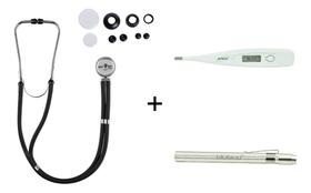 Kit Esteto Rappaport Duplo Adulto E Infantil Com Lanterna Clínica Luz Em LED Branca + Termometro Axilar Digital