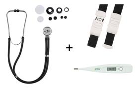 Kit Estetoscópio Rappaport Adulto E Infantil + Termometro Axilar Digital Branco + Torniquete Garrote De Elastano