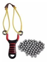 Kit Estilingue Atiradeira Profissional Pesca Slingshot Garrote Metal 300 Bola Gude Vidro 17mm