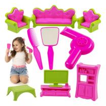 Kit Estilo Barbie Secador, Espelho, Pente, Jogo de Poltrona, Kit Sala 3 Caixas de Brinquedos de Princesa Imaginação