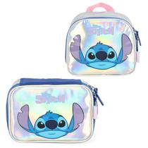 Kit Estojo Box Prata Stitch Holográfica C/ Lancheira Termica