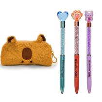 Kit Estojo Capivara Fofinha + 3 Canetas Strass Brilhantes