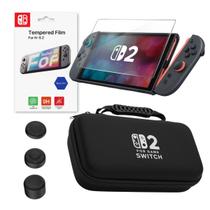 Kit Estojo Case Proteção com Película Vidro Temperado e 3 Pares Grip Analógico para Nintendo Switch 2