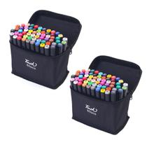 Kit Estojo de Canetinhas Bolsa Ponta Dupla Tiktok Escolar 60 Cores 120 unidades Maleta de Canetas