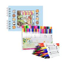 Kit Estojo de Colorir 48 Cores Canetinhas Ponta Dupla Canetas Livro