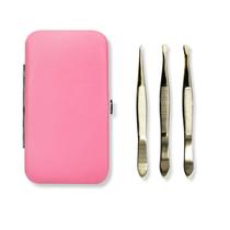 Kit Estojo De Pinças + 3 Pinças Aço Inox Sobrancelha Dourado