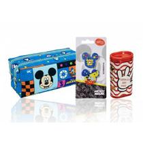 Kit Estojo Duplo Mickey + Apontador com Depósito Mickey + 2 Borrachas Mickey Mouse + Cola Bastão Branca Mickey 9g.